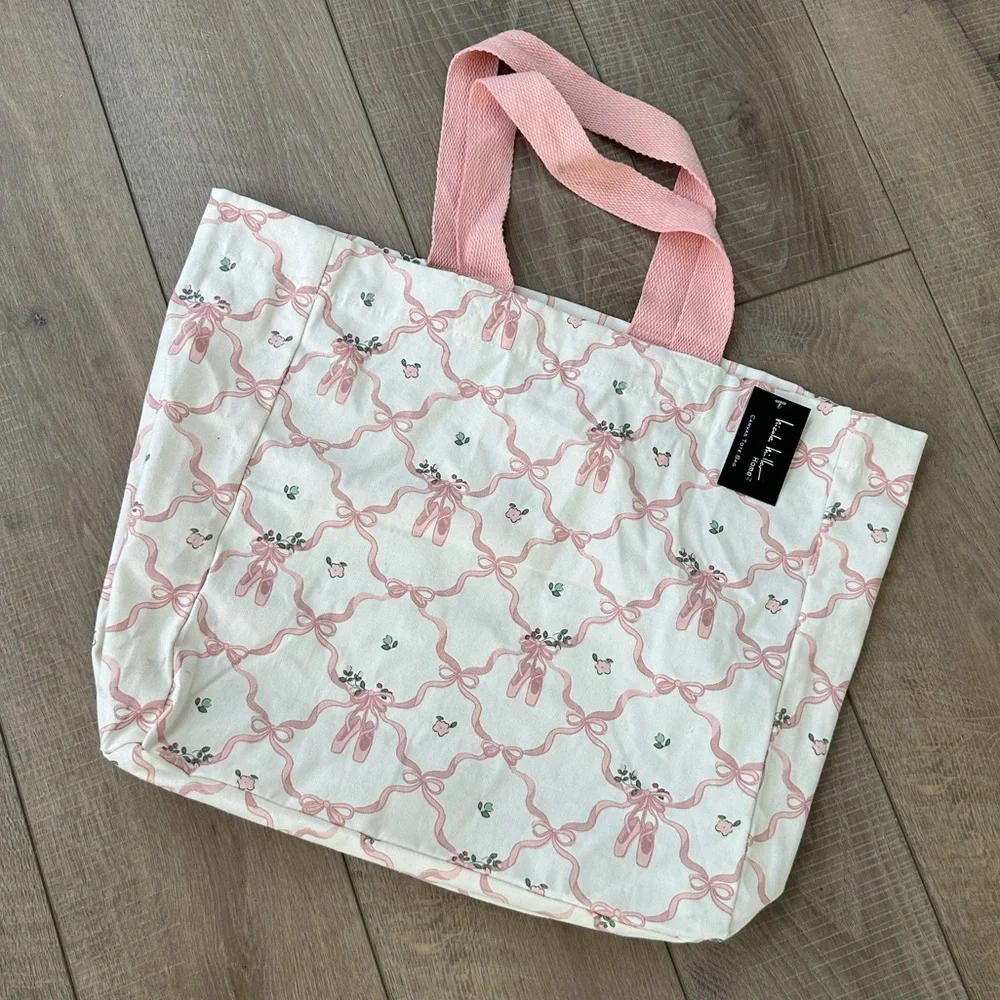 Viral Ballet Coquette Pink Bow Floral Reusable Canvas Shopper Tote Bag NWT - Picture 1 of 3